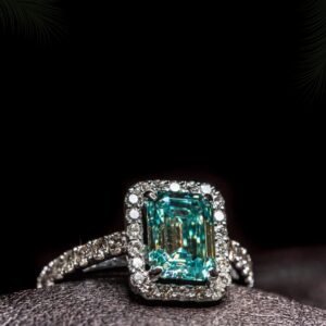 Emerald-Cut Teal Moissanite Halo Ring in Sterling Silver