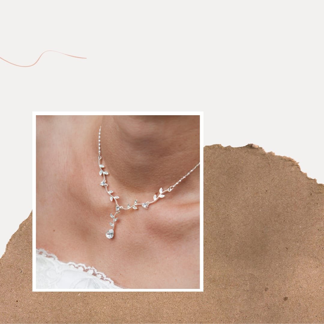 Silver Botanical Leaf & Teardrop Crystal Y-Necklace